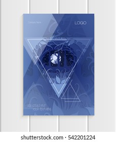 Stock vector illustration brochure design business templates with abstract nature design element trees, forest with full moon unusual landscape, decor on blue background for printed materials, covers