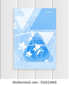 Stock vector illustration brochure design business template abstract triangles branches of trees, stars, nature element, unusual landscape on blue background for printed materials, corporate identity