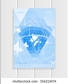 Stock vector illustration brochure design business template abstract triangles branches of trees, stars, nature element, unusual landscape on blue background for printed materials, corporate identity