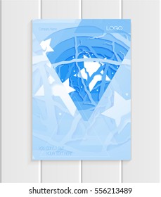 Stock vector illustration brochure design business template abstract triangles branches of trees, stars, nature element, unusual landscape on blue background for printed materials, corporate identity