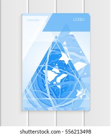 Stock vector illustration brochure design business template abstract triangles branches of trees, stars, nature element, unusual landscape on blue background for printed materials, corporate identity