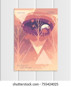 Stock vector illustration brochure design business template with abstract triangles and nature element trees, forest, unusual landscape, decor on light background for printed materials, web sites