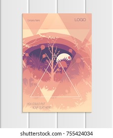 Stock vector illustration brochure design business template with abstract triangles and nature element trees, forest, unusual landscape, decor on light background for printed materials, web sites
