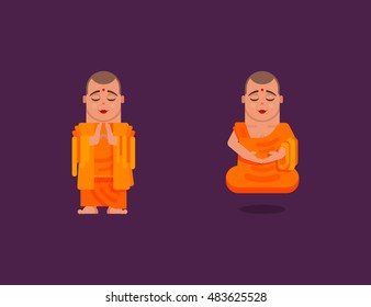 Stock vector illustration of a Buddhist monk is meditating and hovering above the ground while praying in a flat style on a dark background