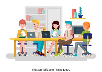 Stock vector illustration business people men women employees colleagues sit negotiating conference planning table teamwork brainstorm presentation leader boss meeting assembly collection flat style