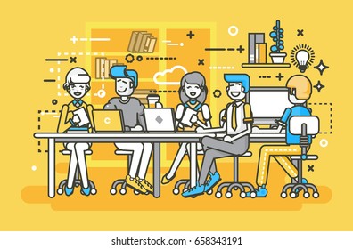 Stock vector illustration business people men women employees colleagues negotiating conference planning table teamwork brainstorm presentation leader boss meeting assembly collection line art style