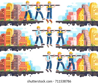 Stock vector illustration of business process building and mutual assistance, teambuilding management or teamwork, three workers working, strategy of successful start-up flat style on white background