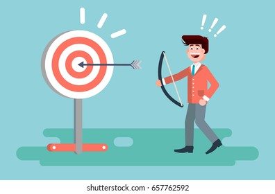 Stock vector illustration businessman hits target successful shot from bow advancement right solution excellent business success marketing achievement luck idea progress victory start-up in flat style