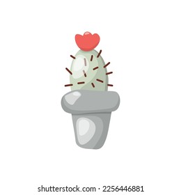 Stock vector illustration of a cactus with a flower, in a gray pot. In cartoon style, on a white background.
