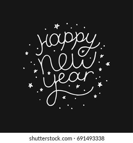 Stock vector illustration calligraphic text Happy New Year lettering design card template black background. Chalk drawing. Creative text typography holiday greeting gift poster. EPS10