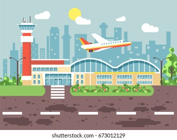 Stock vector illustration cartoon airport, late delay departing plane, awaiting for travel trip holiday weekend flat style city background for motion design or site banner