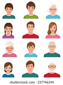 Stock vector illustration cartoon avatars of people of different ages isolated on white background/Avatars people of different ages/Stock Vector cartoon illustration of portraits of people