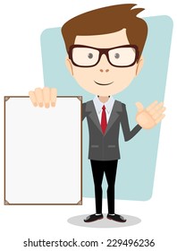 Stock Vector  Illustration of a cartoon businessman in glasses explaining and pointing at blank white board, placard.