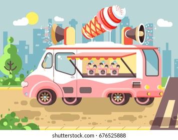 Stock vector illustration cartoon car with refrigeration unit, truck for sale and manufacture ice cream, vanilla, chocolate, popsicles, city meals on wheels, street food, sweet snack in flat style