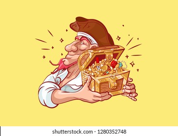 Stock vector illustration cartoon character pirate hat earring sea robber filibuster hacker thug Gentlemen fortune cartoon emoji sticker captain mascot holding treasure chest design yellow background