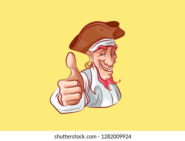 Stock vector illustration cartoon character pirate sea robber filibuster hacker Gentlemen fortune emoji sticker captain mascot happy show thumb approval smile expression emotion emoticon isolated