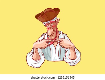 Stock vector illustration cartoon character pirate sea robber filibuster emoji sticker seaman captain sailor mascot hesitates shy red cheeks gesture emotion emoticon isolated yellow background