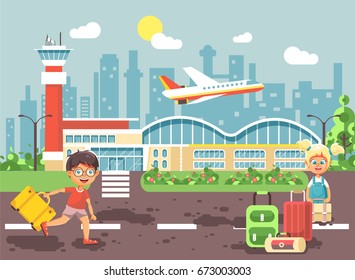 Stock vector illustration cartoon character late boy run to little blonde girl standing at airport, departing plane, bag suitcases awaiting for travel trip holiday weekend flat style city background