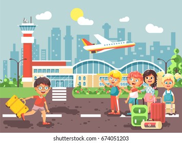 Stock vector illustration cartoon character late boy run to little children girl standing at airport, departing plane, bag suitcases awaiting for travel trip holiday weekend flat style city background