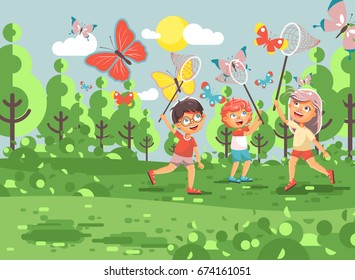 Stock vector illustration cartoon character children, young naturalists, biologist boys and girls catch colorful butterflies with nets, scoop-nets, hoop-nets on nature outdoor background in flat style