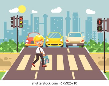 Stock vector illustration cartoon character child, observance traffic rules, lonely blonde boy schoolchild schoolboy go to road pedestrian zone crossing, city background back to school flat style