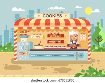 Stock vector illustration cartoon character child pupil, schoolgirl little seller girl manufactures baking cookies, cooking business sale muffins, cupcakes, cakes, sweets, pastries, biscuit flat style
