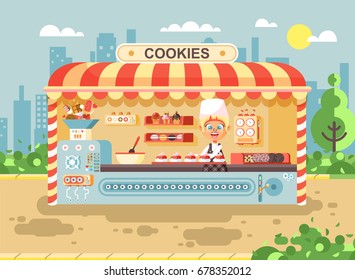 Stock vector illustration cartoon character child pupil, schoolgirl little seller girl manufactures baking cookies, cooking business sale muffins, cupcakes, cakes, sweets, pastries, biscuit flat style