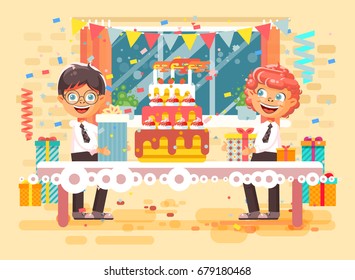 Stock vector illustration cartoon character children two friends boys celebrate happy birthday, congratulating give gift, huge festive cake with candles and confetti flat style on background of window