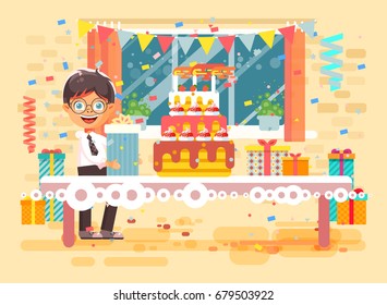 Stock vector illustration cartoon character child lonely brunette boy celebrate happy birthday, congratulating give gift, huge festive cake with candles and confetti flat style on background of window