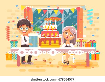 Stock vector illustration cartoon character children, friends, pupils boy and girl celebrate happy birthday congratulating, give gift, huge festive cake with candles flat style on background of window