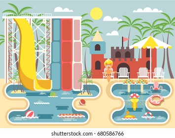 Stock vector illustration cartoon character child lonely blonde boy sitting deckchairs under sun umbrella near swimming pool water slide, frolicking, resting in aqua park, water attractions flat style