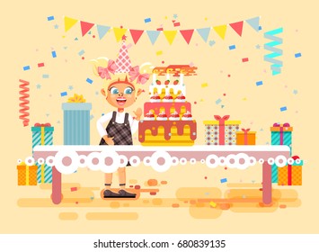 Stock vector illustration cartoon character child lonely blonde girl celebrate happy birthday, congratulating give gifts, huge festive cake with candles and confetti flat style on beige background