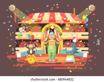 Stock vector illustration cartoon character lonely child, schoolgirl, brunette girl watching performance in interior of circus, show clown juggles on arena, perform trained monkey animal in flat style