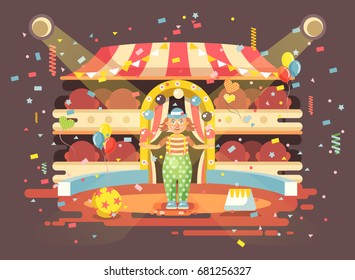 Stock vector illustration cartoon character lonely clown juggles balls, performance interior empty circus, show on arena, perform, training flat style for motion design, infographics, banner, brochure