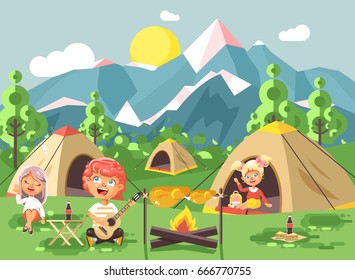 Stock vector illustration cartoon characters children boy sings playing guitar with girl scouts, camping on nature, hike tents and backpacks, adventure park outdoor background of mountains flat style