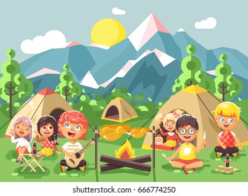 Stock vector illustration cartoon characters children boy sings playing guitar with girl scouts, camping on nature, hike tents and backpacks, adventure park outdoor background of mountains flat style