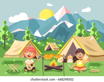 Stock vector illustration cartoon characters children boy sings playing guitar with girl scouts, camping on nature, hike tents and backpacks, adventure park outdoor background of mountains flat style