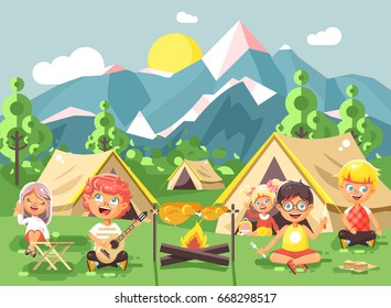 Stock vector illustration cartoon characters children boy sings playing guitar with girl scouts, camping on nature, hike tents and backpacks, adventure park outdoor background of mountains flat style