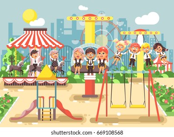 Stock vector illustration of cartoon characters children schoolboys schoolgirls classmates resting in amusement park ride on swing, chain or horses carousel, roller coaster, extreme rest in flat style