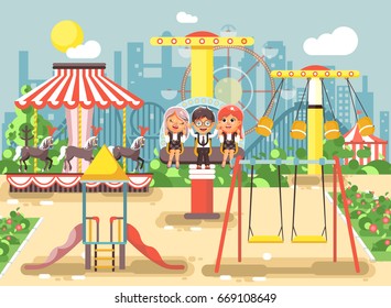 Stock vector illustration of cartoon characters children schoolboys schoolgirls classmates resting in amusement park ride on swing, chain or horses carousel, roller coaster, extreme rest in flat style