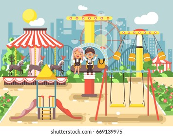 Stock vector illustration of cartoon characters children schoolboy schoolgirl classmates resting in amusement park ride on swing, chain or horses carousel, roller coaster, extreme rest in flat style