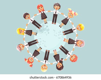 Stock vector illustration cartoon characters children holding hands and standing in circle, drive roundelays, lead dances in flat style on blue background