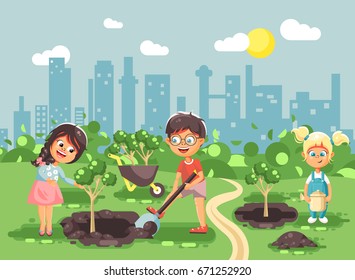 Stock vector illustration cartoon characters of children boy and girl planting in garden seedlings of tree, little child with water geek, taking care of ecology city in flat style for motion design