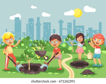 Stock vector illustration cartoon characters of children boy and girl planting in garden seedlings of tree, little child with water geek, taking care of ecology city in flat style for motion design