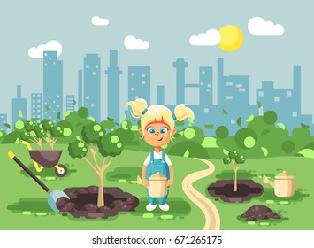 Stock vector illustration cartoon characters of child little blonde girl in denim overall with two tails planting in garden seedlings of tree watering from geek, taking care of ecology city flat style