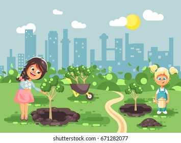 Stock vector illustration cartoon characters of children two little girls near dug holes in ground for planting in garden seedlings of tree watering from geek, taking care of ecology city flat style