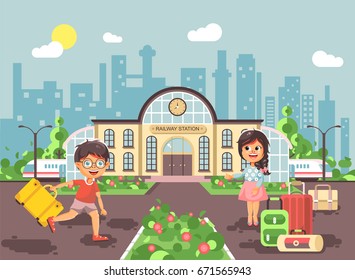 Stock vector illustration of cartoon characters children, late boy running on perron, little girl standing at railway station building with bags and suitcases awaiting train flat style city background