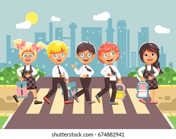 Stock vector illustration cartoon characters children, observance traffic rules, boys and girl schoolchildren classmates go to road pedestrian crossing, city background, back to school flat style