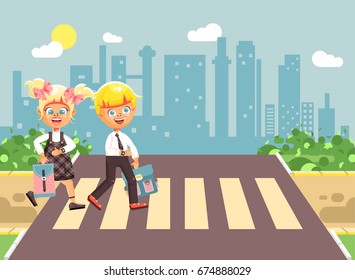 Stock vector illustration cartoon characters children, observance traffic rules, boys and girl schoolchildren classmates go to road pedestrian crossing, city background, back to school flat style