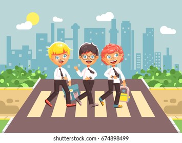 Stock vector illustration cartoon characters children, observance traffic rules, boy schoolboys, classmates pupils go to road pedestrian zone crossing, on city background, back to school in flat style